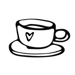 Hand-drawn saucer icon, tea or coffee cup, drink and graphic heart on a white isolated background for use in design, doodle illustration
