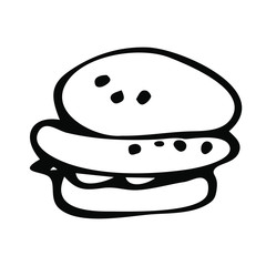 Hand-drawn food icon. Hamburger, burger, bun, baking, sausage on a white background isolated for use in design, doodle illustration