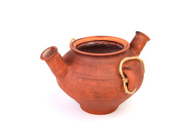 Set of old ceramic kitchen tools - retro equipment of cooking isolated on white background. Panoramic collage. Wide photo .