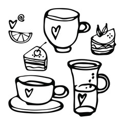 hand drawn set of food icons, cup, saucer, coffee or tea, cake, dessert, lemon, glass, drink and heart on a white isolated background for use in design, illustration, doodle