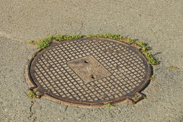 old brown sewer manhole on gray asphalt road in green grass