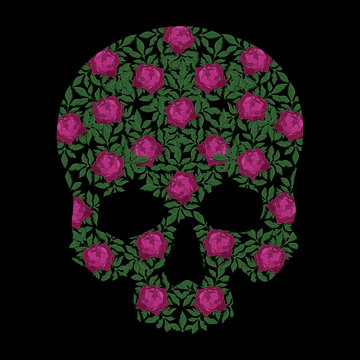 Vector image of a flower skull on a black background.