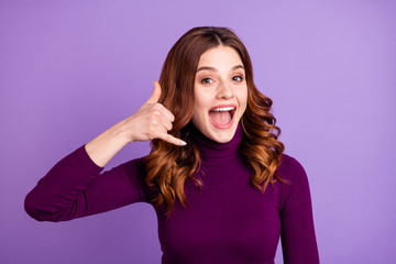 Portrait of pretty sweet lady calling having dialogue screaming isolated over purple violet background