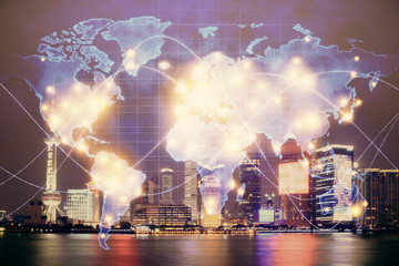 Double exposure of business theme hologram drawing and city veiw background. Concept of success.