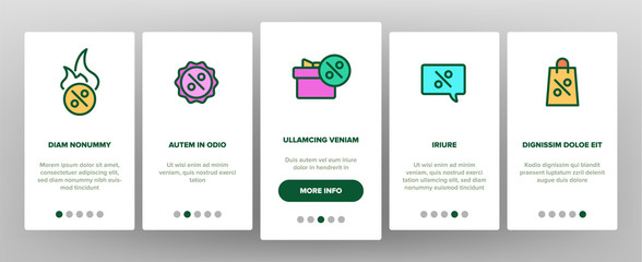 Color Discount Onboarding Mobile App Page Screen Vector. Percent Sign With Present Box And Heart, GPS Mark And Text Box Frame, Star And Scissors Discount Elements Linear Pictograms. Illustrations