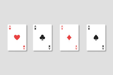 Set of four aces playing cards suits with realistic shadows on transparent background. Winning poker hand. Isolated path.