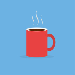 Red coffee mug with steam in flat design style. Coffee dring in red mug.