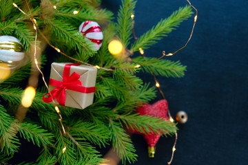 Decorated Christmas tree on black background. Christmas card