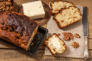 Barmbrack or bairin breac is a traditional Irish sweet yeast bread with grapes and raisins, often eaten with afternoon tea butter and traditionally served on Halloween.