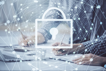 Double exposure of lock icon with man working on computer on background. Concept of network security.