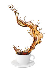 Pouring and splash coffee in white cup, Isolated on white background with clipping path, 3d rendering.