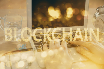 Blockchain theme hud with man working on computer on background. Concept of crypto chain. Double exposure.