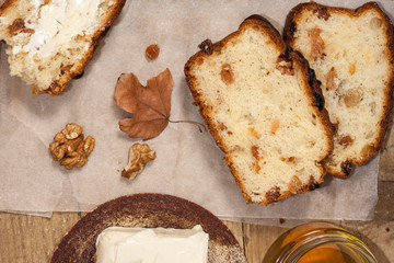Barmbrack or bairin breac is a traditional Irish sweet yeast bread with grapes and raisins, often eaten with afternoon tea butter and traditionally served on Halloween.