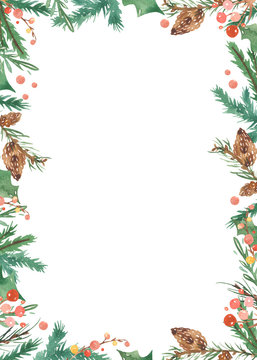 Watercolor frame happy christmas fir branch cones