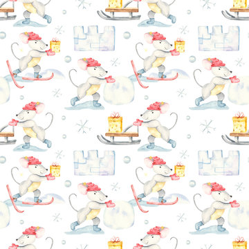 Watercolor seamless pattern with rat mouse merry christmas snow