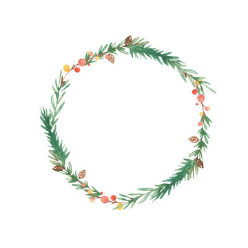 Watercolor wreath of merry christmas fir branch