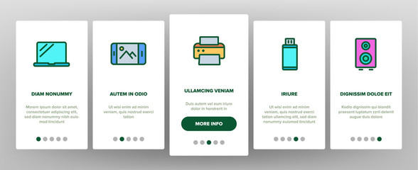 Color Different Devices Vector Onboarding Mobile App Page Screen. Laptop And Computer, Smartphone And Music Dynamic, Tv And Photo Video Camera Devices Linear Pictograms. Contour Illustrations
