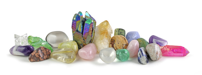 Row of multicoloured Healing Crystals Background Banner - Rainbow Aura Quartz and Citrine...
