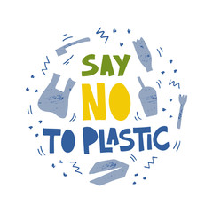 Say no to plastic word concept banner. Motivational phrase isolated vector illustrations. Planet and ocean protection t shirt print idea. Plastic bottle and garbage in ocean