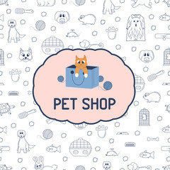 Label of kitten in the bag with clews with seamless pattern background for pet shop or store. Concept template for veterinary clinic or shelter. Flat vector illustration. Line animals icons.