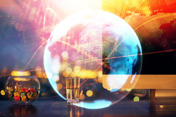 Fototapeta premium Double exposure of business theme icons and work space with computer background. Concept of success.