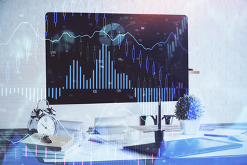 Stock market chart hologram drawn on personal computer background. Multi exposure. Concept of investment.