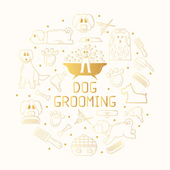 Dog grooming frame in gold color for pet shop or store. Line vector illustration. Golden template border for veterinary shelter.