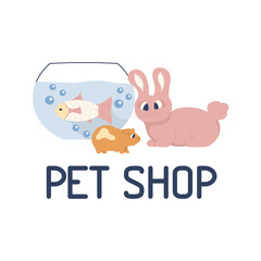 Bunny with hamster and aquarium fish for pet shop banner. Concept template for veterinary store. Flat vector illustration.