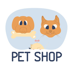 Kitten with a toy mouse and puppy holding a bone for pet shop banner. Concept template for veterinary store. Flat vector illustration.