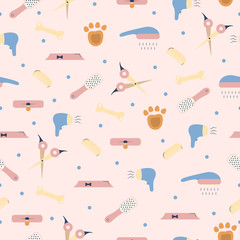 Pet shop seamless pattern. Vector background for dog grooming. Template for veterinary store design.