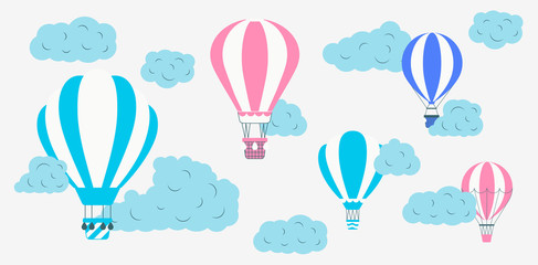 Set of colorful hot air balloons in the sky with clouds. Cute vector baby icons. Vector poster concept for travel.