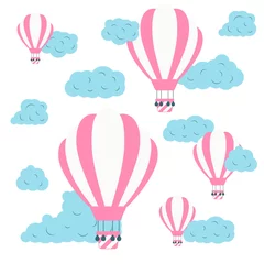 Photo sur Plexiglas Montgolfière Ballons à air chaud colorés dans le ciel avec des nuages. Icônes de bébé vecteur mignon. Concept d& 39 affiche de vecteur pour les enfants.