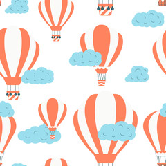 Seamless pattern with hot air balloons in the sky with clouds. Cute vector baby background. Vector wallpaper for children concept.