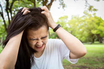 Sick asian young woman suffering from headache,depression having nervous breakdown,mental health...