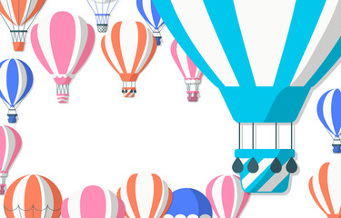 Border with colorful hot air balloon in the sky. Cute vector baby frame with airships. Vector concept background for children poster or card.