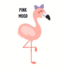 Hand drawn vector illustration of a cute funny flamingo with a ribbon, with quote Pink Mood. Isolated objects on white background. Flat style design. Color drawing. Concept for summer children print.