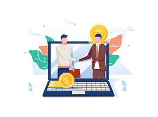Opening of a new startup, Business Partners Handshaking Through Computer Screen. investor holds money in ideas online
