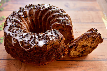 Banana bread with glase and nuts and chocolate chips