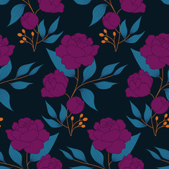 Purple flowers and blue leaves in an autumn pattern design