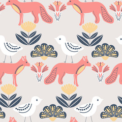 folk art birds and foxes in a scandinavian pattern design