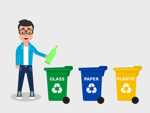 Young man throwing a glass bottle in an appropriate recycle bin. There are three different colored trash cans. Recycling glass,segregate waste,sorting garbage,eco friendly concept. Vector illustration
