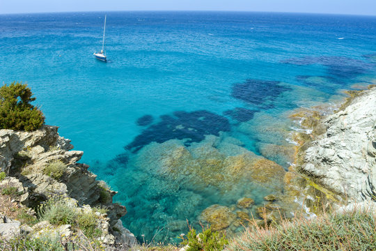 Sentier des Douaniers, a coastal path on the Cap Corse from Barcaggio to Macinaggio. Corsica, France