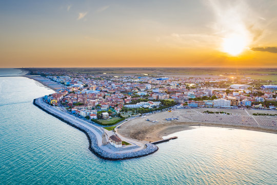 Caorle town and beach in Italy during summer