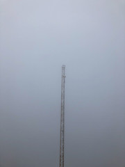 A crane standing tall in a foggy weather.
