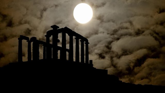 Ancient Greek Temple of Poseidon at Cape Sounion near Athens, Time Lapse by Night with Full Moon, Greece, Europe