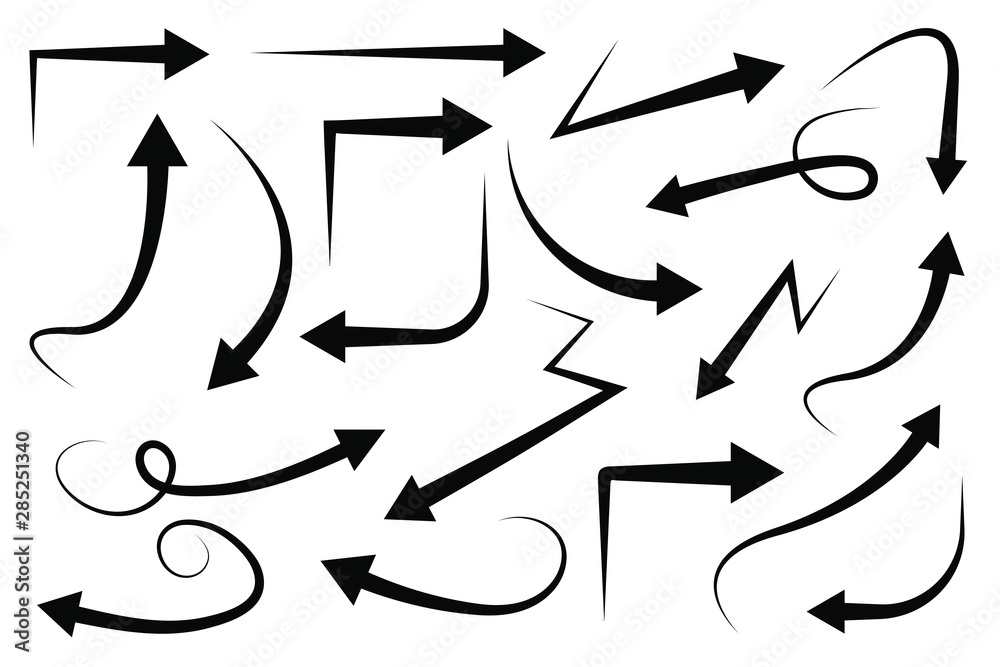 Wall mural set of vector curved arrows hand drawn. collection of pointers.