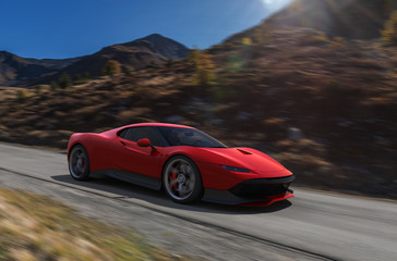 Obraz na płótnie Canvas red sportscar testdrive on a mountain pass 3d render
