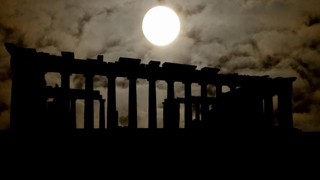 Parthenon: Ruins of Ancient Temple of Athena on the Acropolis in Athens, Time Lapse by Night with Full Moon, Greece, Europe