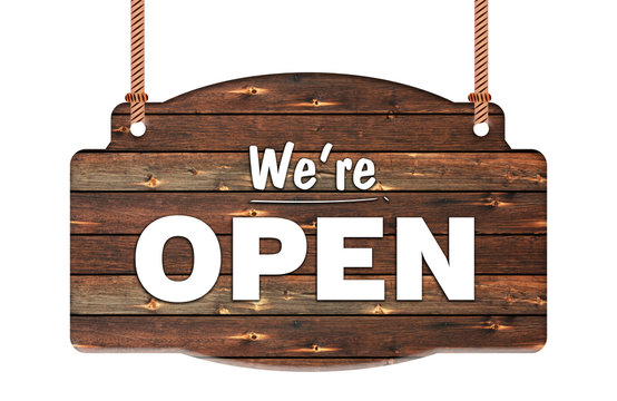 Text of we're open in Rope wooden hanging sign