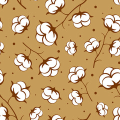 Cotton flowers seamless pattern. Cotton balls, cotton fiber vector illustration. Perfect for wrapping paper or fabric.